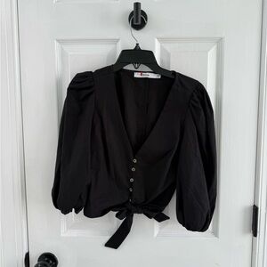 JustFab Black Puff Sleeve Crop Blouse with Tie Front